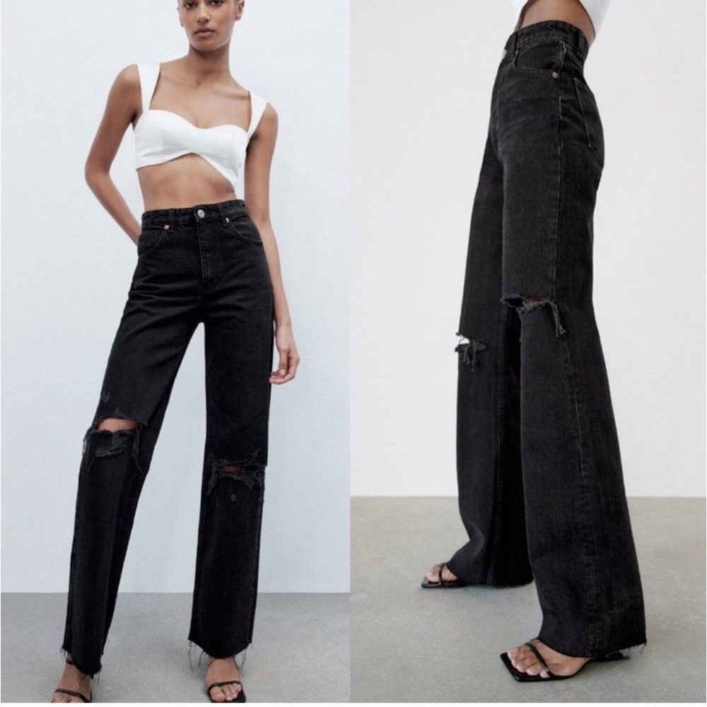 Zara black ripped wide leg jeans